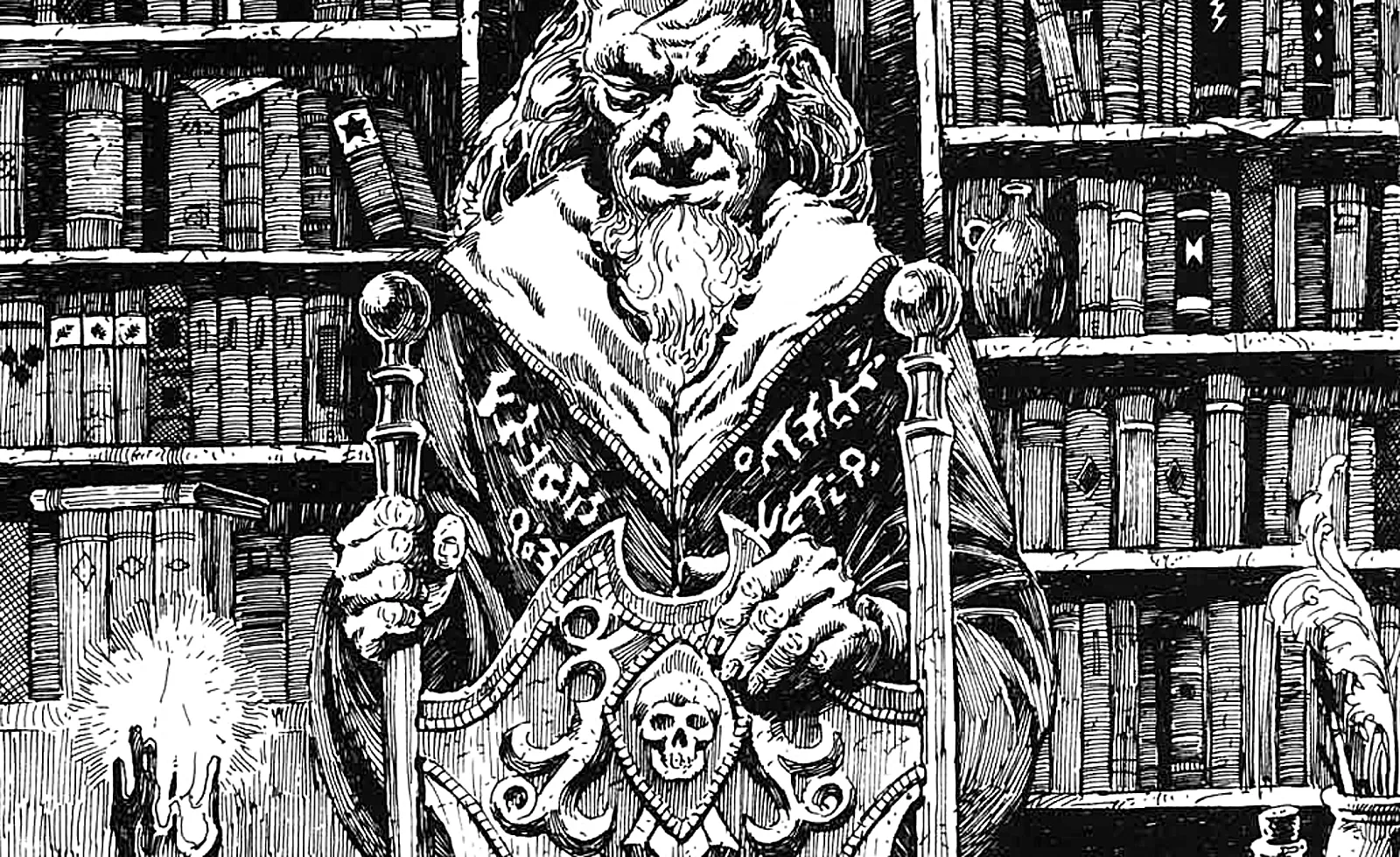 A bearded scholar stands behind an ornate chair in his arcane library, by candlelight. The original shelfie.