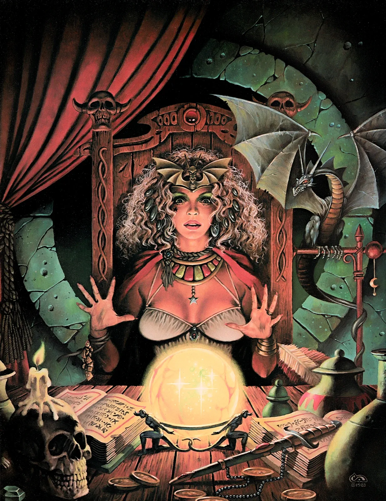 A mystic woman with curly hair and a bat crown peers into a glowing crystal ball, a dragon perched behind her and skulls and books on her table.