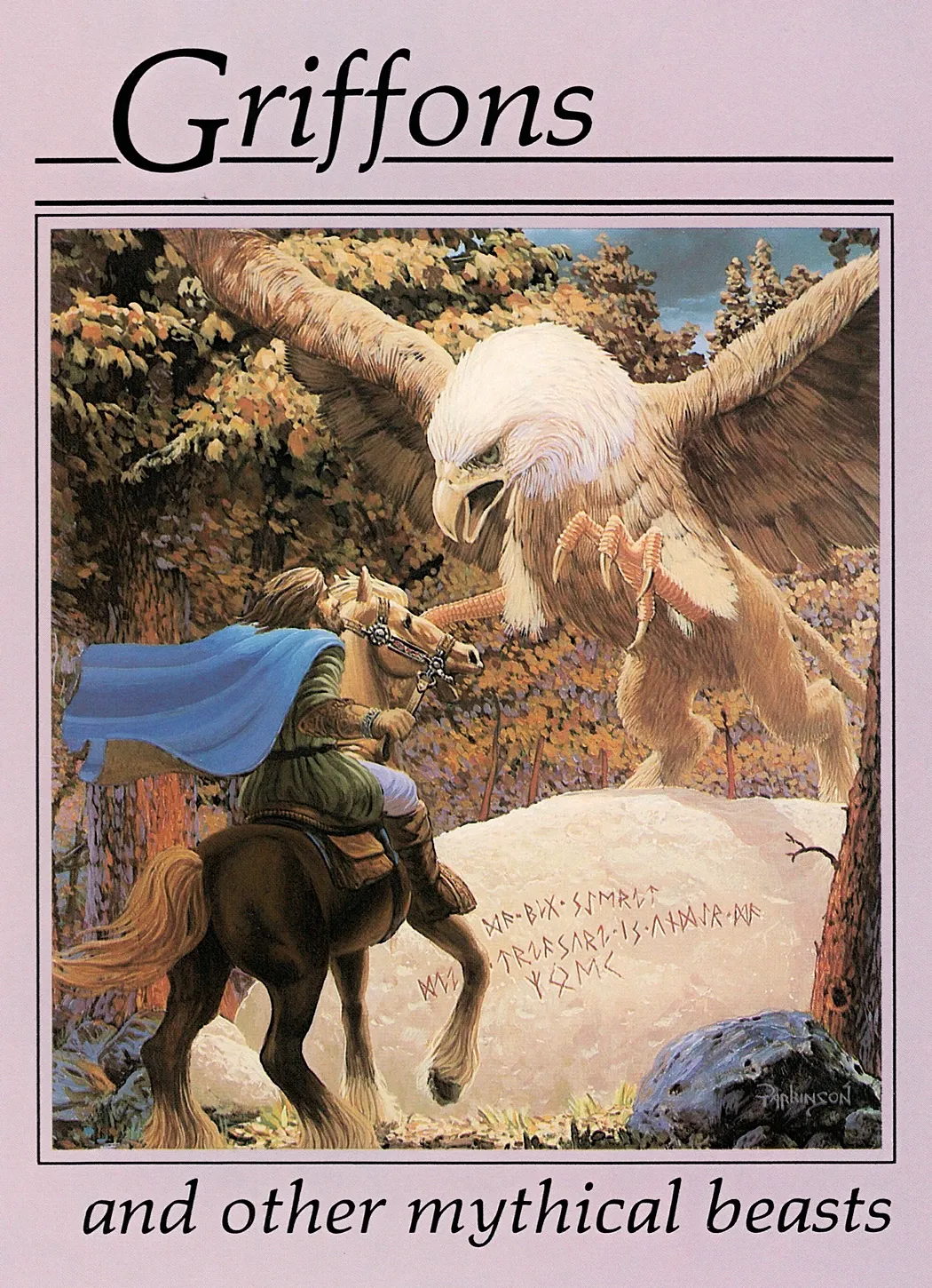 A giant griffon spreads its wings in a forested clearing toward a cloaked rider on horseback carrying a lance.