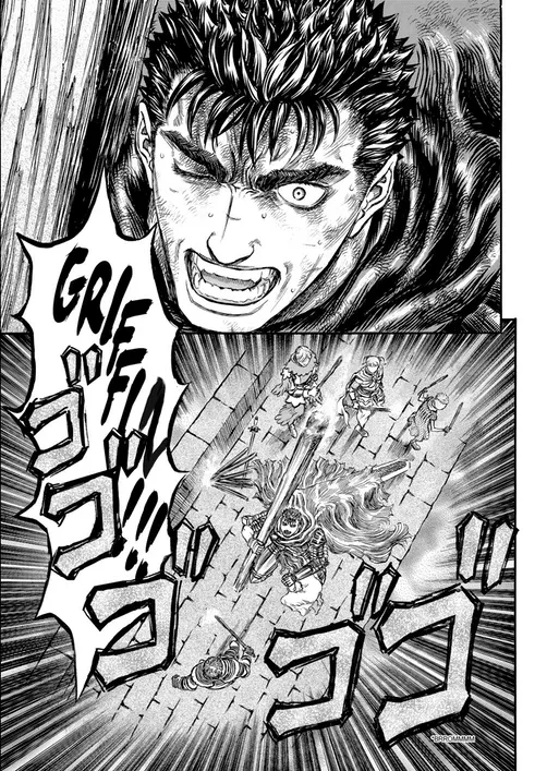 Manga panels of Guts shouting "Griffith!!" edited to instead read "Griffin!!!"